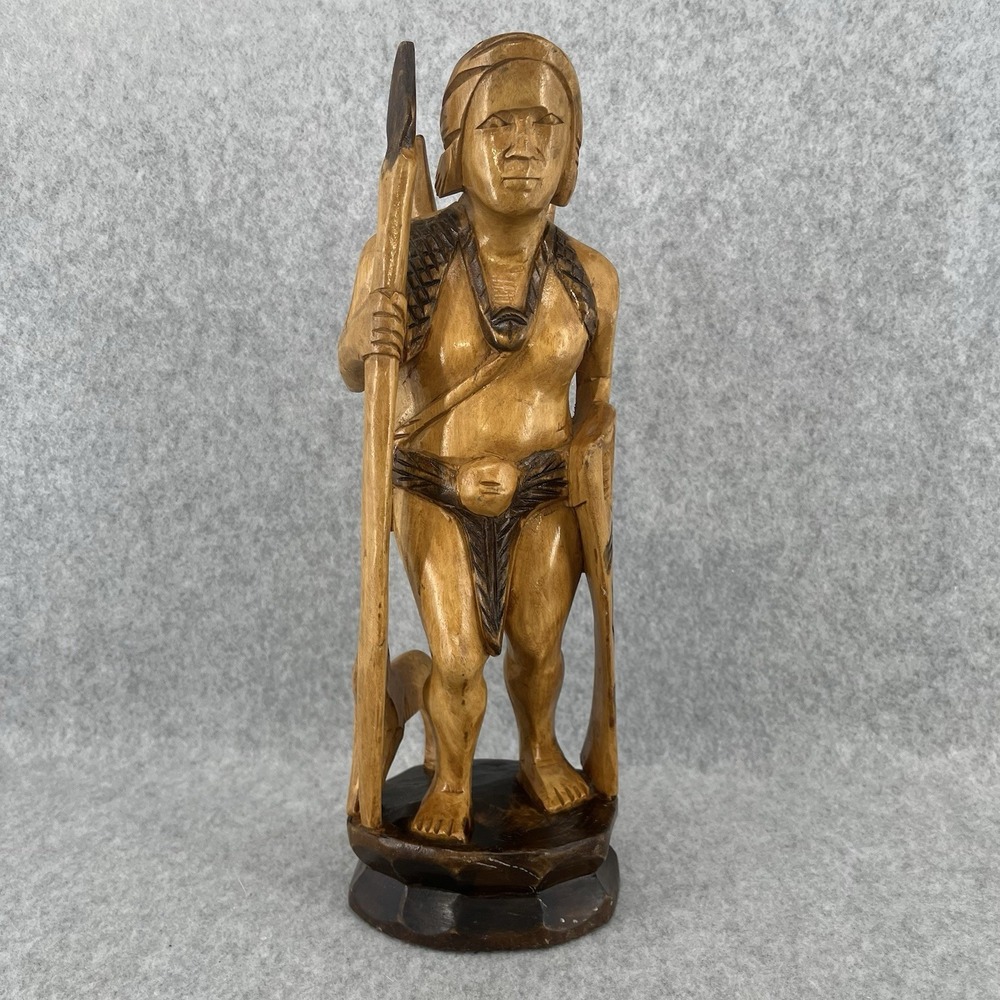 Vintage Igorot Ifugao Tribal Warrior Narra Wood Carving Dog Hunter Figure Spear